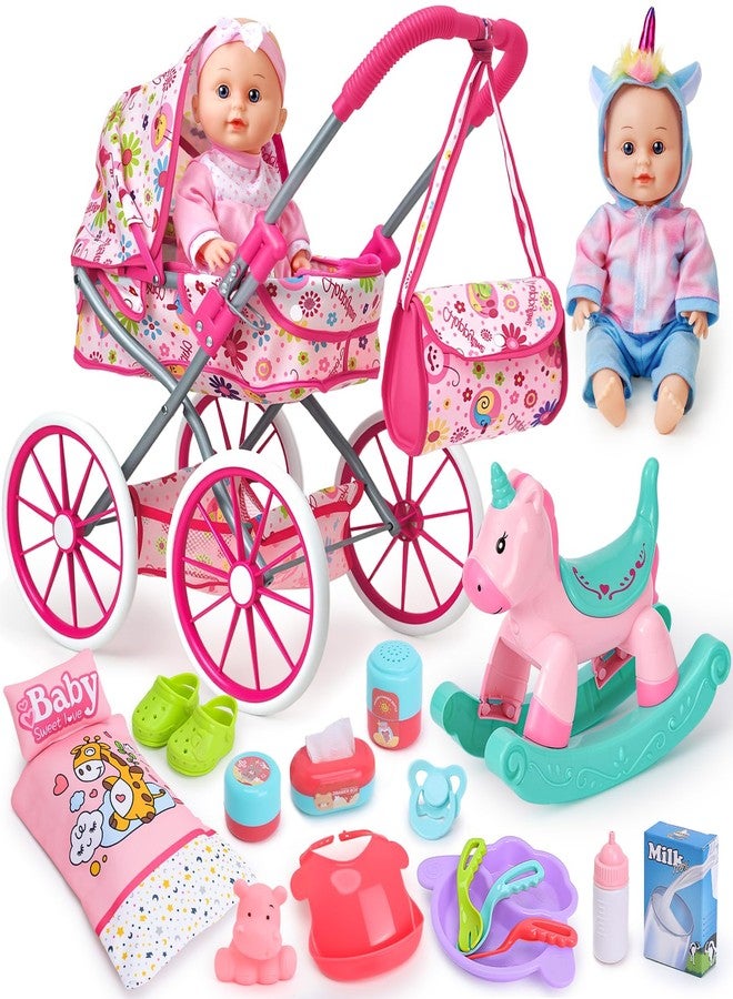 Golray 12 in Baby Doll Toys Set with Stroller for 3 4 5 6 Year Old Girl - 26pcs Babydoll with Accessories Rocking Horse/2 Clothes, Feeding Nursing Pretend Play Toddler Girl Toy Gift 3-5-7 - Image 1